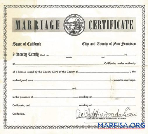 Printable USA Marriage registry of California marriage certificate template